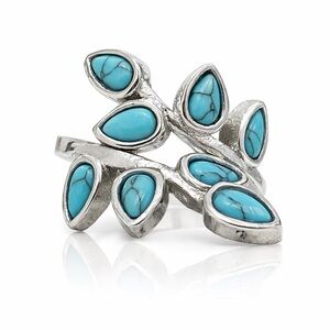 925 Sterling Silver Turquoise Wrap Ring Leaf Design Adjustable Boho Statement 7